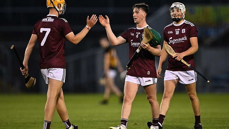 13 August 2021; Galway players, from left, Nathan Gill, Diarmuid Davoren and Conor Headd celebrate after their side's victory in the Electric Ireland GAA All-Ireland hurling minor championship semi-final match between Kilkenny and Galway at Semple Stadium in Thurles, Tipperary. Photo by Piaras O Midheach/Sportsfile