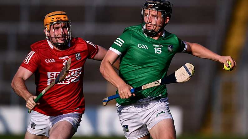 3 July 2021; Peter Casey of Limerick is tackled by Niall OLeary of Cork during the Munster GAA Hurling Senior Championship Semi-Final match between Cork and Limerick at Semple Stadium in Thurles, Tipperary. Photo by Ray McManus/Sportsfile