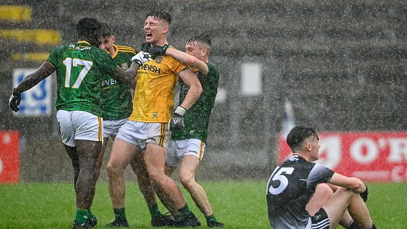 21 August 2021; Meath players, from left, Danny Ehichoya, Conor McWeeney, goalkeeper Oisin McDermott, and Andrew Moore celebrate after the 2021 Electric Ireland GAA Football All-Ireland Minor Championship Semi-Final match between Meath and Sligo at Kingspan Breffni in Cavan. Photo by Ramsey Cardy/Sportsfile