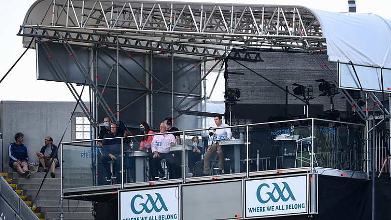 28 August 2021; RTE analysts Pat Spillane and Sean Cavanagh during the GAA Football All-Ireland Senior Championship semi-final match between Kerry and Tyrone at Croke Park in Dublin. Photo by Stephen McCarthy/Sportsfile