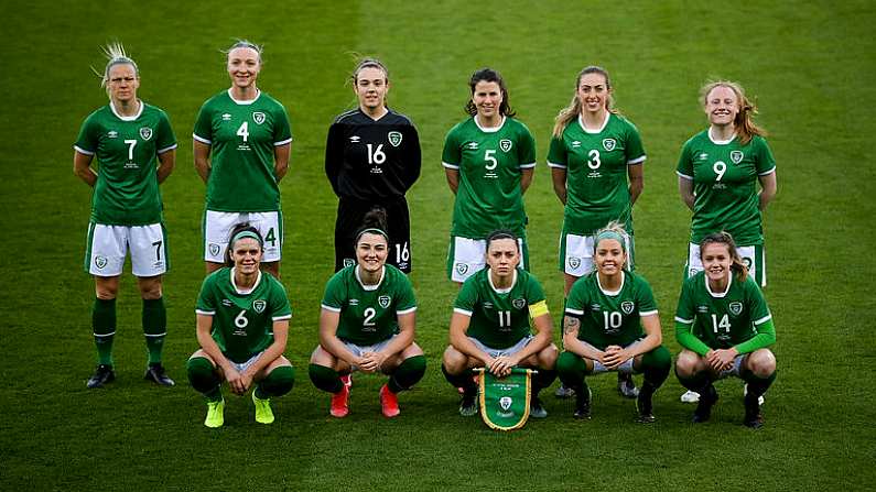 8 April 2021; The Republic of Ireland team, back row, from left, Diane Caldwell, Louise Quinn, Grace Moloney, Niamh Fahey, Megan Connolly and Amber Barrett, with, front row, Jamie Finn, Keeva Keenan, Katie McCabe, Denise O'Sullivan and Heather Payne before the women's international friendly match between Republic of Ireland and Denmark at Tallaght Stadium in Dublin. Photo by Stephen McCarthy/Sportsfile