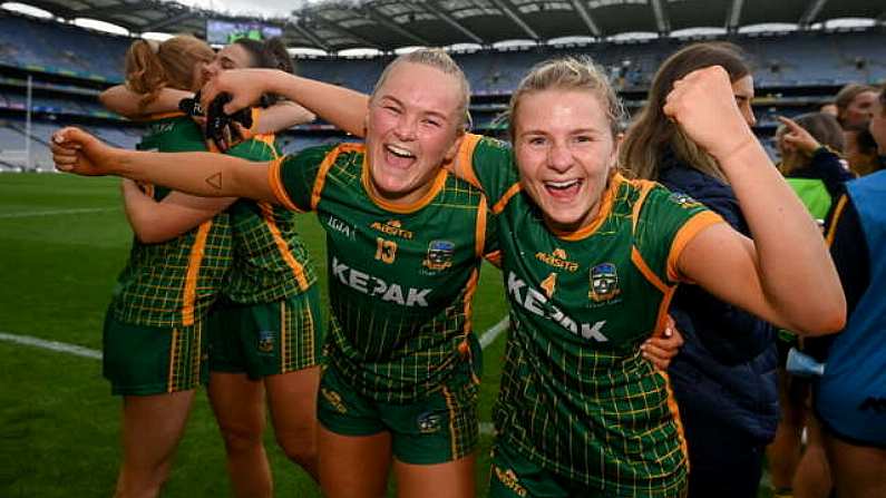 15 August 2021; Vikki Wall, left, and Katie Newe of Meath celebrate following the TG4 All-Ireland Senior Ladies Football Championship Semi-Final match between Cork and Meath at Croke Park in Dublin. Photo by Stephen McCarthy/Sportsfile