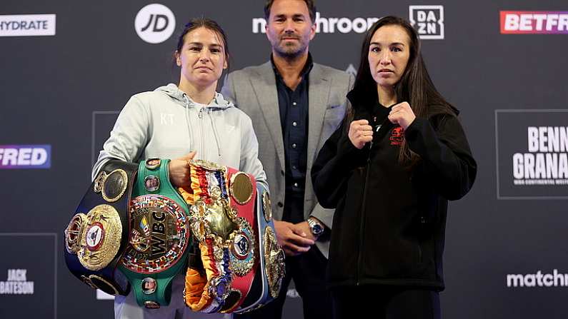 2 September 2021; Katie Taylor, left, and Jennifer Han, right, with promoter Eddie Hearn after a press conference ahead of her Undisputed Female Lightweight Championship bout against Jennifer Han in Leeds, England. Photo by Mark Robinson / Matchroom Boxing via Sportsfile