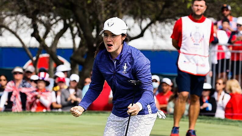 4 September 2021; Leona Maguire of Team Europe celebrates after making the winning putt on the 18th green during the morning foursomes match with team-mate Mel Reid against Nelly Korda and Jessica Korda of Team USA on day one of the Solheim Cup at the Inverness Club in Toledo, Ohio, USA. Photo by Brian Spurlock/Sportsfile