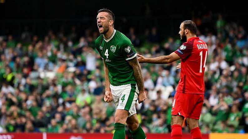 4 September 2021; Shane Duffy of Republic of Ireland reacts during the FIFA World Cup 2022 qualifying group A match between Republic of Ireland and Azerbaijan at the Aviva Stadium in Dublin. Photo by Stephen McCarthy/Sportsfile