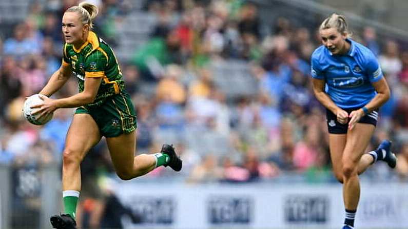 5 September 2021; Vikki Wall of Meath gets away from Jennifer Dunne of Dublin during the TG4 All-Ireland Ladies Senior Football Championship Final match between Dublin and Meath at Croke Park in Dublin. Photo by Piaras O Midheach/Sportsfile