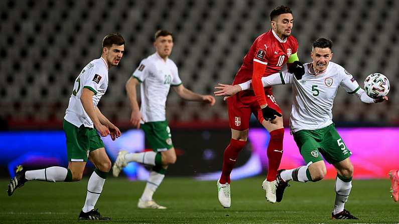 24 March 2021; Ciaran Clark of Republic of Ireland in action against Duan Tadic of Serbia during the FIFA World Cup 2022 qualifying group A match between Serbia and Republic of Ireland at Stadion Rajko Mitic in Belgrade, Serbia. Photo by Stephen McCarthy/Sportsfile