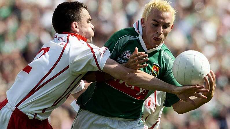 7 August 2004; Conor Mortimer, Mayo, in action against Ryan McMenamin, Tyrone. Bank of Ireland All-Ireland Senior Football Championship Quarter Final, Mayo v Tyrone, Croke Park, Dublin. Picture credit; Pat Murphy / SPORTSFILE