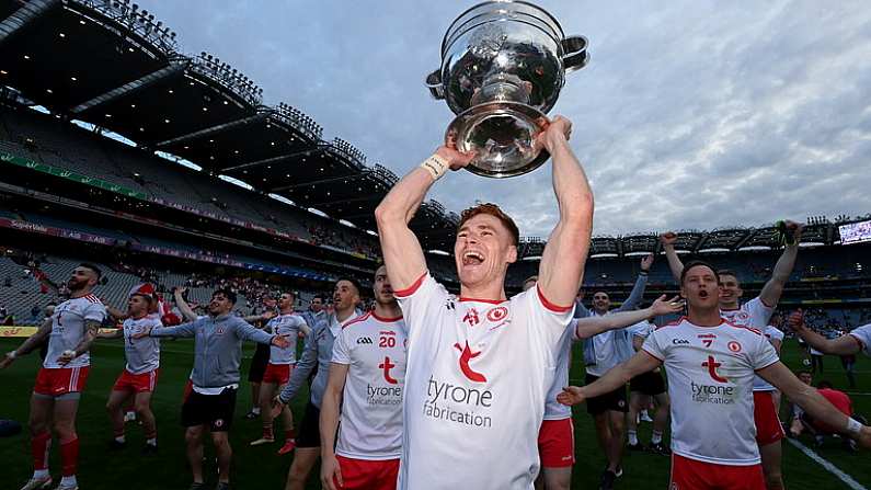 11 September 2021; Conor Meyler of Tyrone celebrates with the Sam Maguire Cup after the GAA Football All-Ireland Senior Championship Final match between Mayo and Tyrone at Croke Park in Dublin. Photo by Ramsey Cardy/Sportsfile