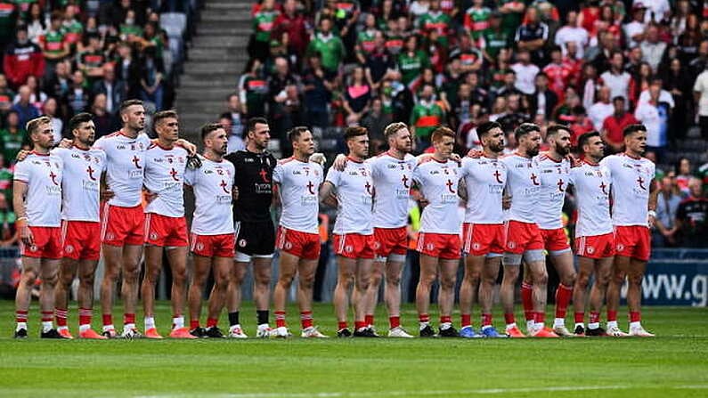 11 September 2021; The Tyrone starting 15 stand during the playing of the National Anthem before the GAA Football All-Ireland Senior Championship Final match between Mayo and Tyrone at Croke Park in Dublin. Photo by Ray McManus/Sportsfile