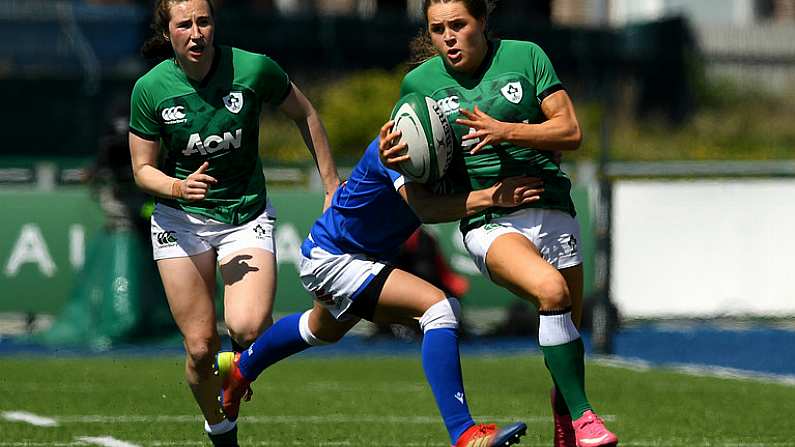 24 April 2021; Beibhinn Parsons of Ireland is tackled by Michela Sillari of Italy during the Women's Six Nations Rugby Championship Play-off match between Ireland and Italy at Energia Park in Dublin. Photo by Matt Browne/Sportsfile