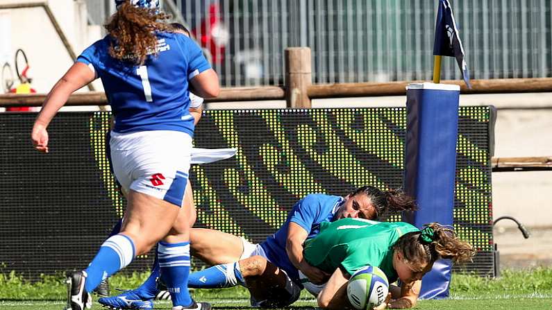 19 September 2021; Beibhinn Parsons of Ireland scores a try during the Rugby World Cup 2022 Europe Qualifying Tournament match between Italy and Ireland at Stadio Sergio Lanfranchi in Parma, Italy. Photo by Roberto Bregani/Sportsfile