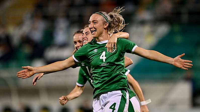 21 September 2021; Louise Quinn of Republic of Ireland celebrates with team-mates after scoring their side's third goal during the women's international friendly match between Republic of Ireland and Australia at Tallaght Stadium in Dublin. Photo by Seb Daly/Sportsfile