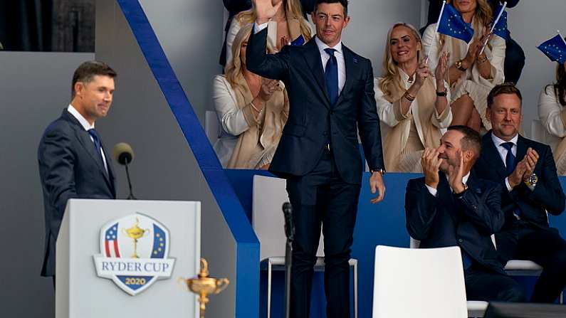 23 September 2021; Rory McIlroy of Team Europe acknowledges the applause as he is introduced by captain Padraig Harrington during the opening ceremony of the Ryder Cup 2021 Matches at Whistling Straits in Kohler, Wisconsin, USA. Photo by Tom Russo/Sportsfile