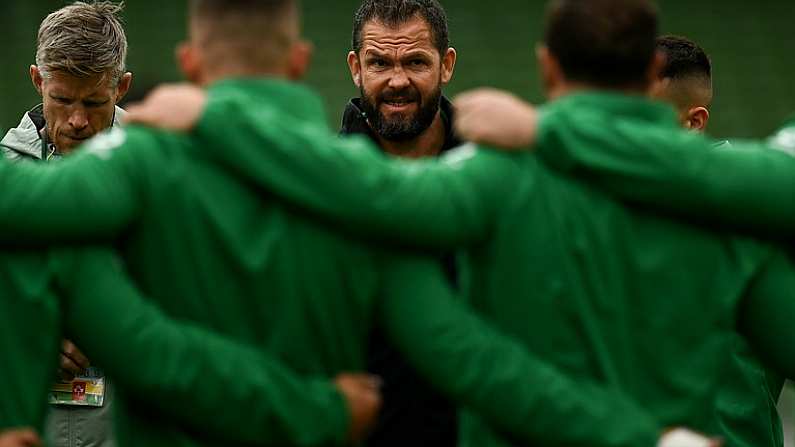 3 July 2021; Ireland head coach Andy Farrell speaks to his players before the International Rugby Friendly match between Ireland and Japan at the Aviva Stadium in Dublin. Photo by Harry Murphy/Sportsfile