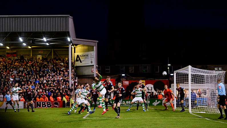 27 September 2019; Graham Burke of Shamrock Rovers heads his side's first goal during the Extra.ie FAI Cup Semi-Final match between Bohemians and Shamrock Rovers at Dalymount Park in Dublin. Photo by Stephen McCarthy/Sportsfile