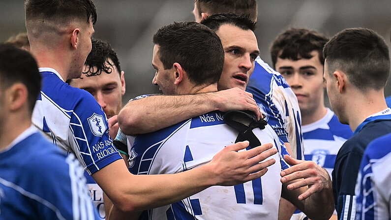 23 October 2021; Eoin Doyle and Eamonn Callaghan of Naas embrace after their side's victory in the Kildare County Senior Club Football Championship Semi-Final match between Naas and Maynooth at St Conleth's Park in Newbridge, Kildare. Photo by Harry Murphy/Sportsfile