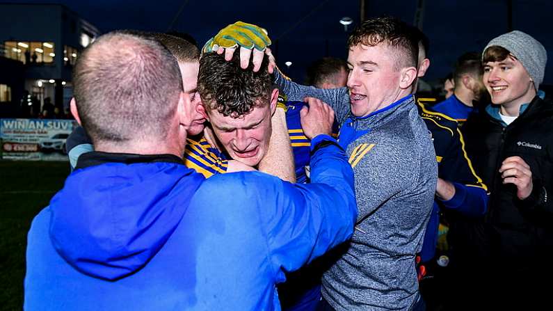 23 October 2021; Knockmore goalkeeper Ryan McDermott is congratulated by his team-mates after the Mayo County Senior Club Football Championship Quarter-Final match between Ballintubber and Knockmore at Connacht GAA Centre in Bekan, Mayo. Photo by Matt Browne/Sportsfile