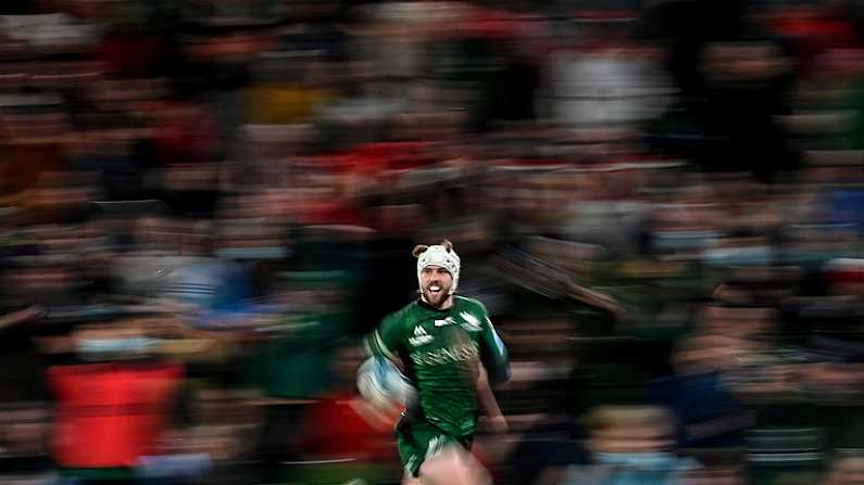 23 October 2021; Mack Hansen of Connacht on the way to scoring his side's fifth try during the United Rugby Championship match between Connacht and Ulster at Aviva Stadium in Dublin. Photo by Brendan Moran/Sportsfile