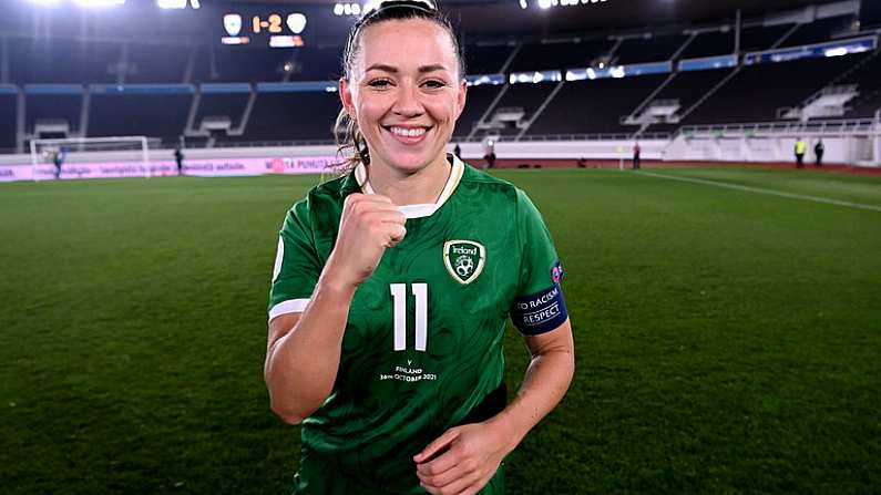 26 October 2021; Katie McCabe of Republic of Ireland celebrates after her side's victory in the FIFA Women's World Cup 2023 qualifying group A match between Finland and Republic of Ireland at Helsinki Olympic Stadium in Helsinki, Finland. Photo by Stephen McCarthy/Sportsfile