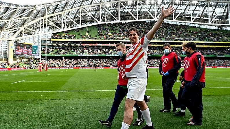 6 November 2021; Daniel Jarvis is removed from the pitch after joining the Japanese line-up for the national anthem before the Autumn Nations Series match between Ireland and Japan at Aviva Stadium in Dublin. Photo by Brendan Moran/Sportsfile