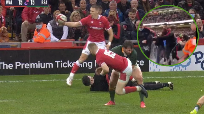 Watch: Wales Pitch Invader Ruins Possible Try, Gets Showered In Beer