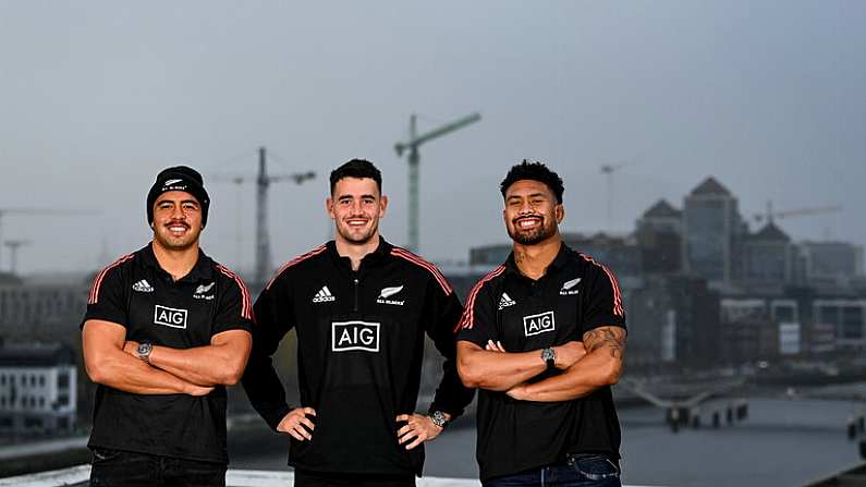 12 November 2021; New Zealand rugby internationals Anton Lienert-Brown, Will Jordan and Ardie Savea pictured at AIGs offices in Dublin City Centre. They were taking part in a special live stream event with Dublin GAA players about diversity, equality and inclusion as part of AIGs #EffortIsEqual campaign. Photo by Harry Murphy/Sportsfile