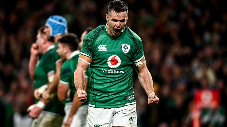 13 November 2021; Jonathan Sexton of Ireland celebrates his side's third try during the Autumn Nations Series match between Ireland and New Zealand at Aviva Stadium in Dublin. Photo by David Fitzgerald/Sportsfile