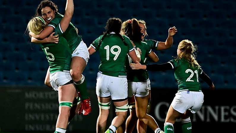 12 November 2021; Ireland players Sam Monaghan and Katie O'Dwyer celebrate at the final whistle of the Women's International Rugby friendly match between Ireland and USA at RDS Arena in Dublin. Photo by Brendan Moran/Sportsfile