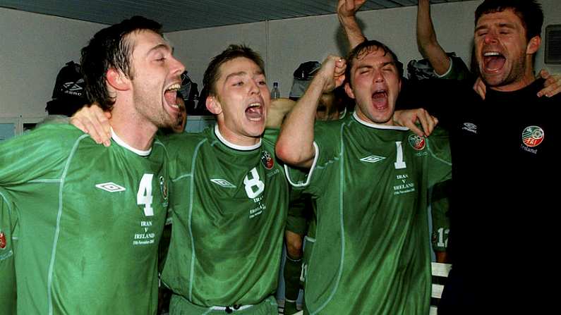 15 November 2001; Republic of Ireland players, from left, Ian Harte, Gary Breen, Matt Holland, Jason McAteer and Niall Quinn celebrate qualification for the World Cup Finals following the 2002 FIFA World Cup Qualification Play-Off Final Second Leg match between Iran and the Republic of Ireland at Azadi Stadium in Tehran, Iran. Photo by David Maher/Sportsfile