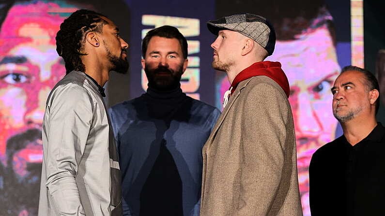 17 November 2021; Demetrius Andrade, left, and Jason Quigley face-off, as promoter Eddie Hearn looks on, after a press conference ahead of their WBO World Middleweight Title fight at the SNHU Arena in Manchester, New Hampshire, USA. Photo by Ed Mullholland / Matchroom Boxing via Sportsfile