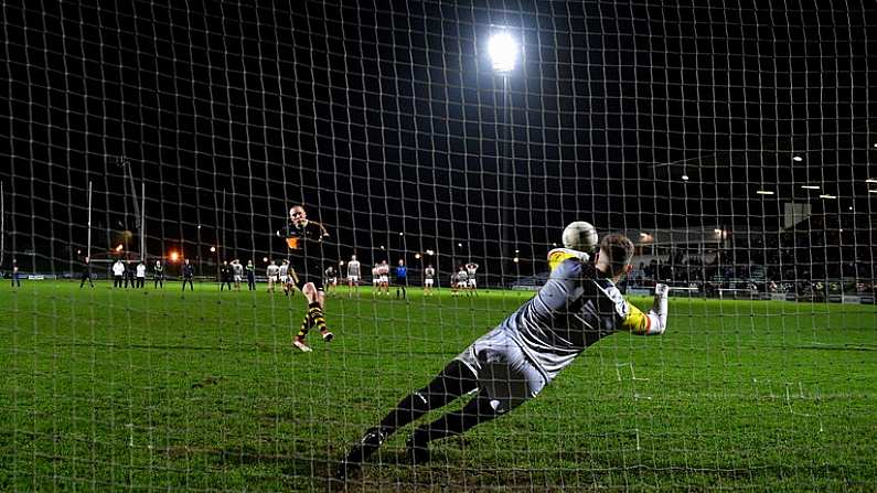 20 November 2021; Kieran Donaghy of Austin Stacks scores the winning penalty for his side during the Kerry County Senior Football Championship Semi-Final match between Austin Stacks and St Brendan's at Austin Stack Park in Tralee, Kerry. Photo by Eoin Noonan/Sportsfile