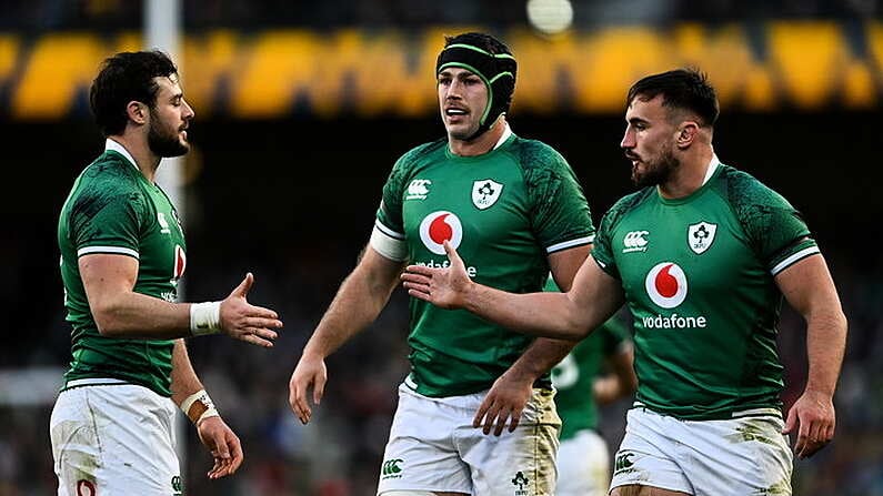 21 November 2021; Ireland players, from left, Robbie Henshaw, Caelan Doris and Ronan Kelleher during the Autumn Nations Series match between Ireland and Argentina at Aviva Stadium in Dublin. Photo by Harry Murphy/Sportsfile