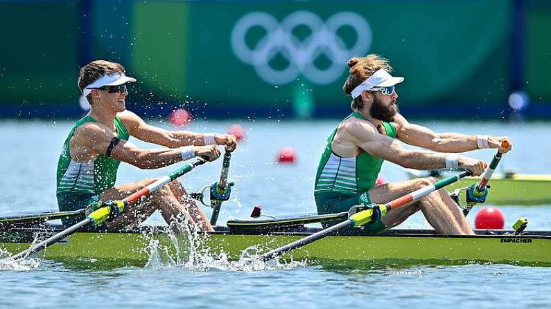 24 July 2021; Fintan McCarthy, left, and Paul O'Donovan of Ireland in action during the heats of the Lightweight Men's Double Sculls at the Sea Forest Waterway during the 2020 Tokyo Summer Olympic Games in Tokyo, Japan. Photo by Seb Daly/Sportsfile