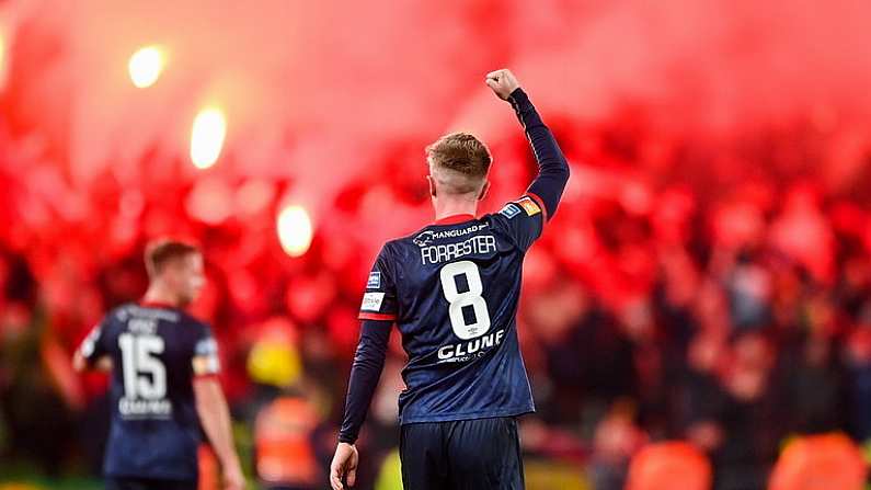 28 November 2021; Chris Forrester of St Patrick's Athletic celebrates after scoring his side's first goal during the Extra.ie FAI Cup Final match between Bohemians and St Patrick's Athletic at Aviva Stadium in Dublin. Photo by Seb Daly/Sportsfile