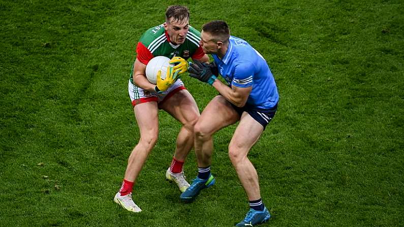 14 August 2021; John Small of Dublin collides with Eoghan McLaughlin of Mayo during the GAA Football All-Ireland Senior Championship semi-final match between Dublin and Mayo at Croke Park in Dublin. Photo by Stephen McCarthy/Sportsfile