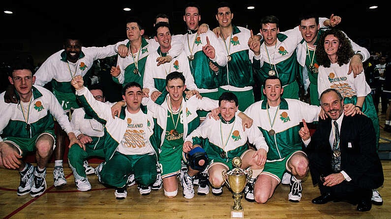 8 June 1994; The Ireland team celebrate with the cup after the 1994 Promotions Cup Final match between Ireland and Cyprus at the National Basketball Arena in Tallaght, Dublin. Photo by Ray McManus/Sportsfile