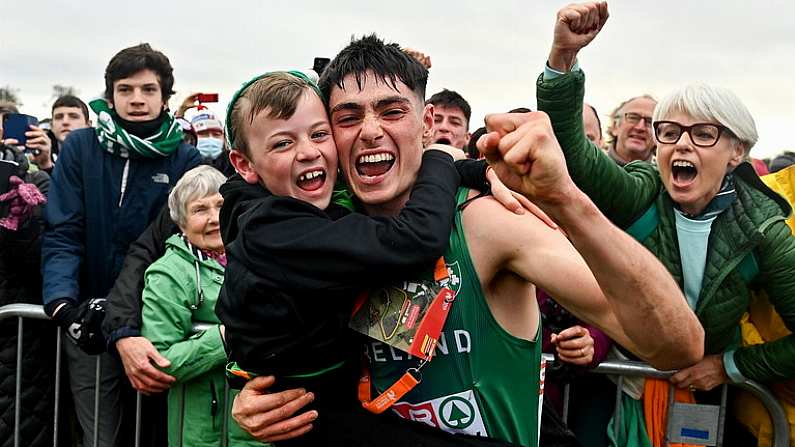 12 December 2021; Darragh McElhinney of Ireland celebrates with his brother Iarla after winning silver and team gold in the U23 Men's 8000m during the SPAR European Cross Country Championships Fingal-Dublin 2021 at the Sport Ireland Campus in Dublin. Photo by Sam Barnes/Sportsfile