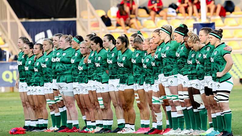 25 September 2021; Ireland players stand for the national anthem before the Rugby World Cup 2022 Europe qualifying tournament match between Ireland and Scotland at Stadio Sergio Lanfranchi in Parma, Italy. Photo by Roberto Bregani/Sportsfile