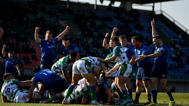 5 March 2022; Leinster players celebrate as James Tracy of Leinster scores his side's sixth try during the United Rugby Championship match between Benetton and Leinster at Stadio di Monigo in Treviso, Italy. Photo by Harry Murphy/Sportsfile