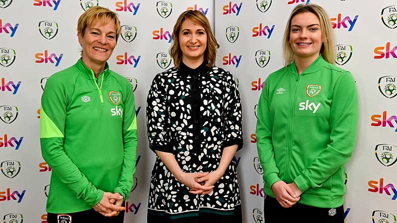 8 March 2022; Chief commercial officer at Sky Ireland Orlaith Ryan, with Republic of Ireland womens national team manager Vera Pauw, left, and womens national team player Saoirse Noonan, at the launch of Sky WNT Fund to support Womens National Team players off the pitch. The Sky WNT Fund will award a minimum of 25,000 this year, to assist five Womens National Team players with their academic studies and career development off the pitch. The announcement coincided with Skys International Womens Day event held at The Alex Hotel, Dublin, attended by WNT team manager Vera Pauw, WNT forward Saoirse Noonan and former WNT players Emma Byrne and Paula Gorham. Photo by Brendan Moran/Sportsfile