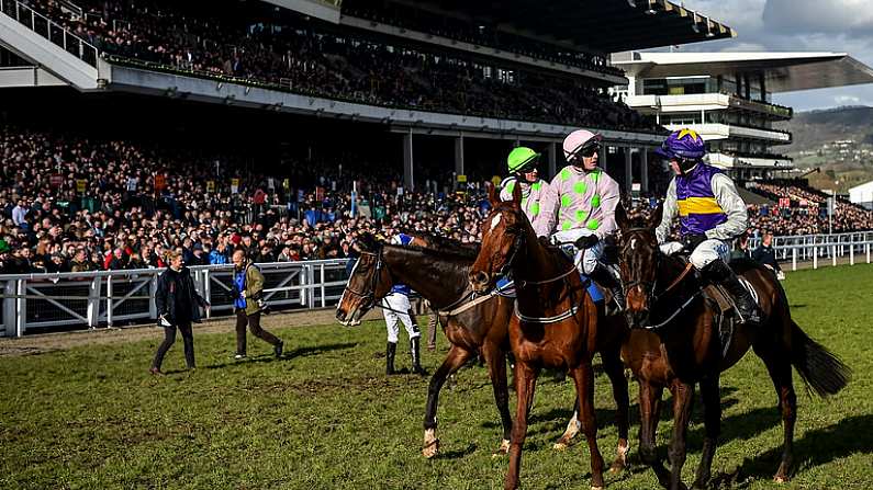 13 March 2020; Latest Exhibition, with Bryan Cooper up, right, and Monkfish, with Paul Townend up, in conversation after finishing the Albert Bartlett Novices' Hurdle on Day Four of the Cheltenham Racing Festival at Prestbury Park in Cheltenham, England. Photo by David Fitzgerald/Sportsfile