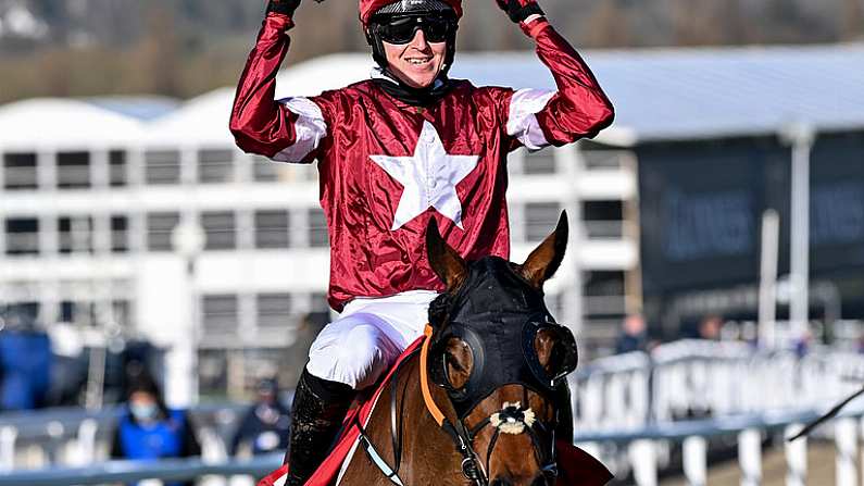 17 March 2021; Jockey Keith Donoghue celebrates after crossing the line after winning The Glenfarclas Cross Country Steeple Chase on Tiger Roll on day 2 of the Cheltenham Racing Festival at Prestbury Park in Cheltenham, England. Photo by Hugh Routledge/Sportsfile