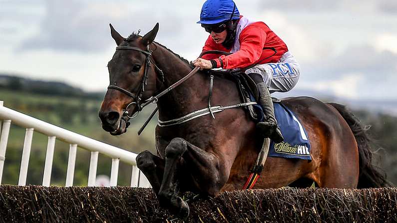 27 April 2021; Allaho, with Rachael Blackmore up, clear the last on their way to finishing second in the William Hill Champion Steeplechase during day one of the Punchestown Festival at Punchestown Racecourse in Kildare. Photo by David Fitzgerald/Sportsfile