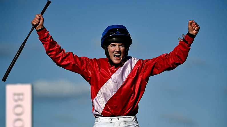 18 March 2022; Rachael Blackmore celebrates aboard A Plus Tard after winning the Boodles Cheltenham Gold Cup Chase during day four of the Cheltenham Racing Festival at Prestbury Park in Cheltenham, England. Photo by David Fitzgerald/Sportsfile