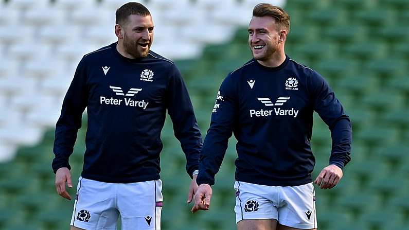 18 March 2022; Finn Russell, left, and Stuart Hogg of Scotland during the Scotland captain's run at Aviva Stadium in Dublin. Photo by Brendan Moran/Sportsfile