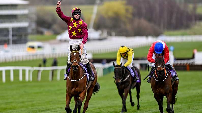 19 March 2021; Jockey Jack Kennedy on Minella Indo celebrates as he crosses the line to beat Rachael Blackmore on A Plus Tard, right, and Al Boum Photo, with Paul Townend up, during The WellChild Cheltenham Gold Cup Steeple Chase on day 4 of the Cheltenham Racing Festival at Prestbury Park in Cheltenham, England. Photo by Hugh Routledge/Sportsfile