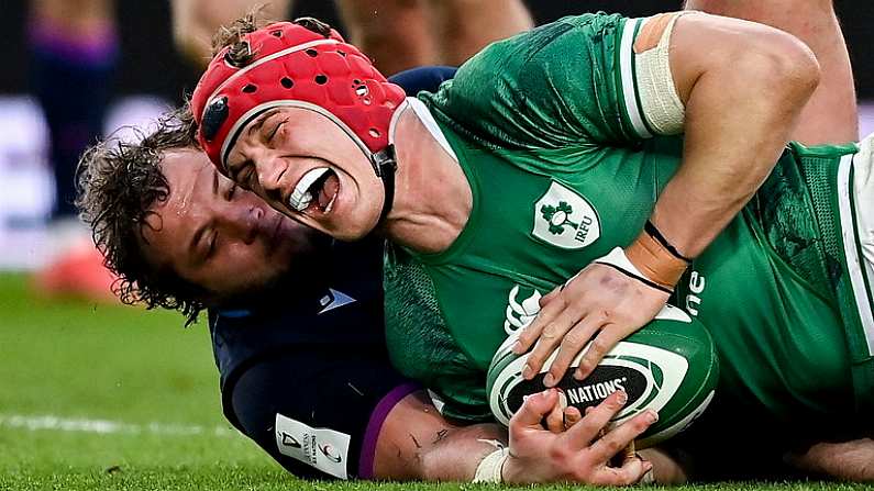 19 March 2022; Josh van der Flier of Ireland celebrates after scoring their side's third try during the Guinness Six Nations Rugby Championship match between Ireland and Scotland at Aviva Stadium in Dublin. Photo by Brendan Moran/Sportsfile