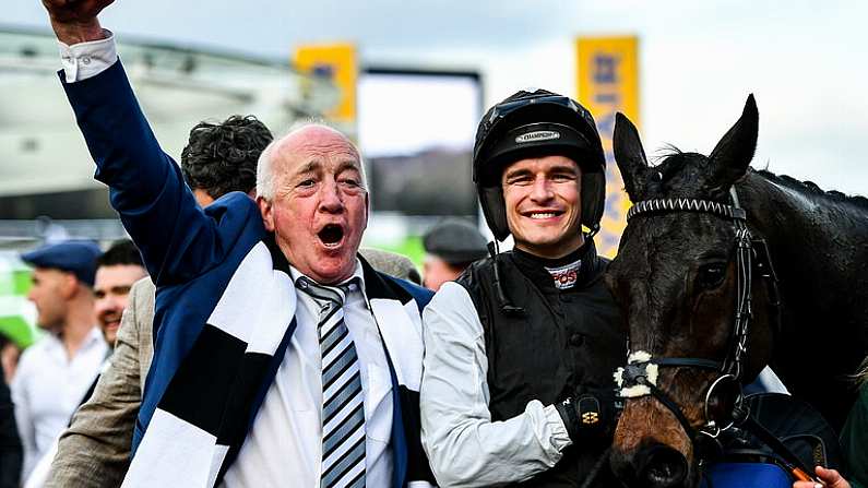 17 March 2022; Jockey Danny Mullins and Kerril Creaven, of the Flooring Porter Syndicate, with Flooring Porter after winning the Paddy Power Stayers' Hurdle on day three of the Cheltenham Racing Festival at Prestbury Park in Cheltenham, England. Photo by Seb Daly/Sportsfile