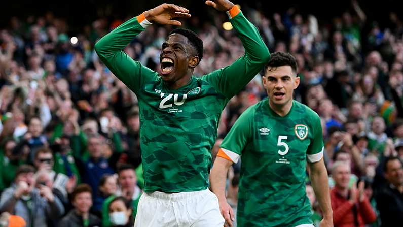 26 March 2022; Chiedozie Ogbene of Republic of Ireland celebrates after scoring his side's first goal during the international friendly match between Republic of Ireland and Belgium at the Aviva Stadium in Dublin. Photo by Stephen McCarthy/Sportsfile